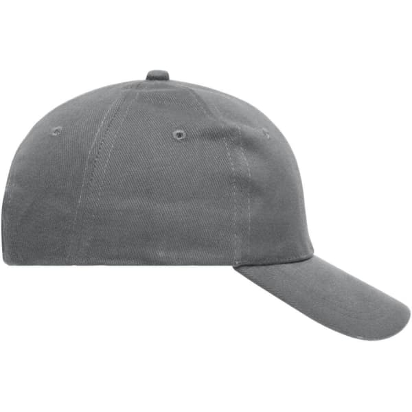 A grey six-panel cap made of heavy cotton, featuring ventilation holes and a structured design.