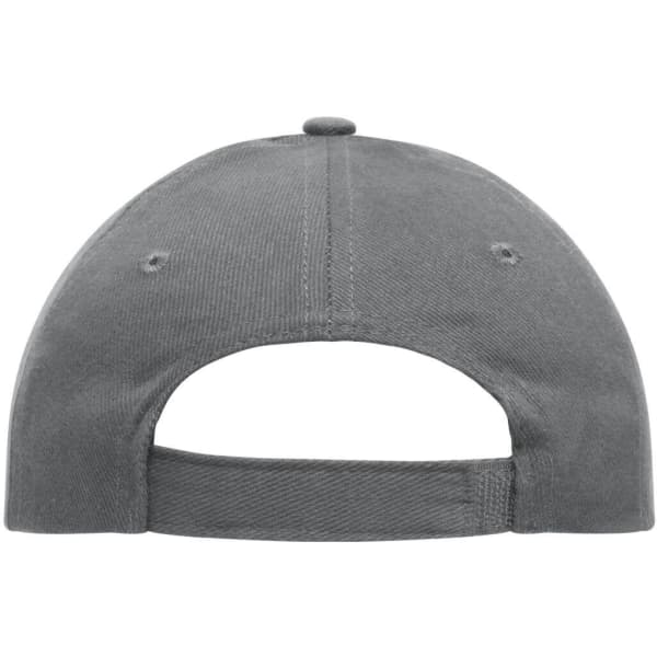 A grey 6-panel cap made of heavy cotton, featuring a back closure and a branding logo.