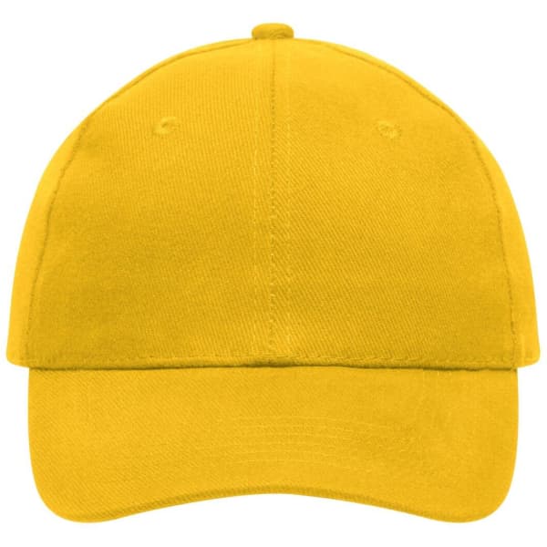 A yellow six-panel cotton cap with an adjustable strap and a logo.