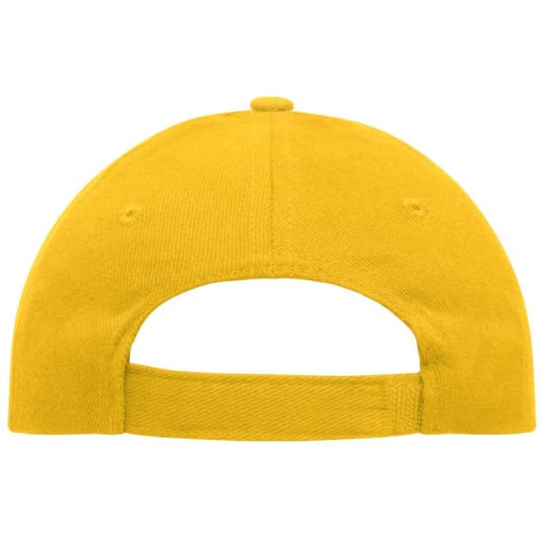 A yellow 6 panel cap made of heavy cotton, featuring an adjustable back strap and a logo.