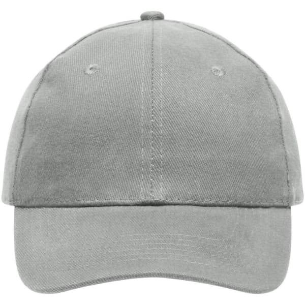 A six-panel cap made of heavy cotton in a light grey colour, featuring a logo on the front.