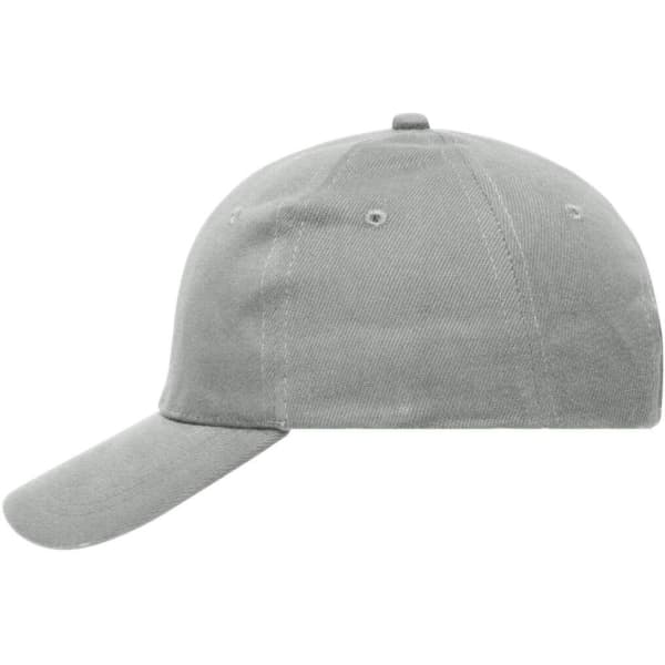 A grey 6-panel cap made from heavy cotton, featuring a logo on the front.