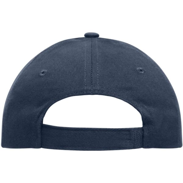 A navy blue six-panel cap made from heavy cotton, featuring a branded logo on the back.