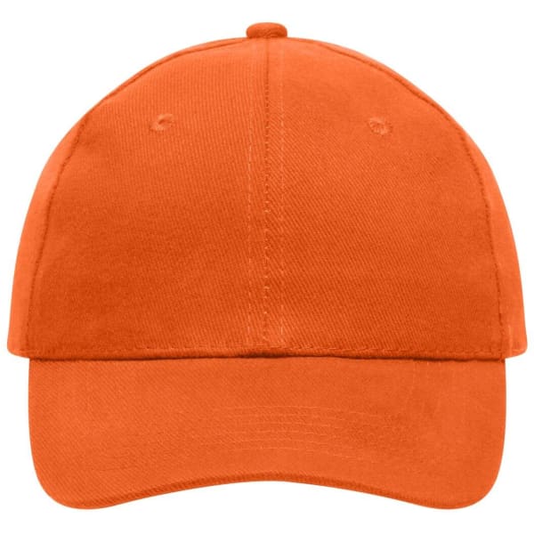 An orange 6 panel cap made of heavy cotton, featuring a structured design and a logo on the front.