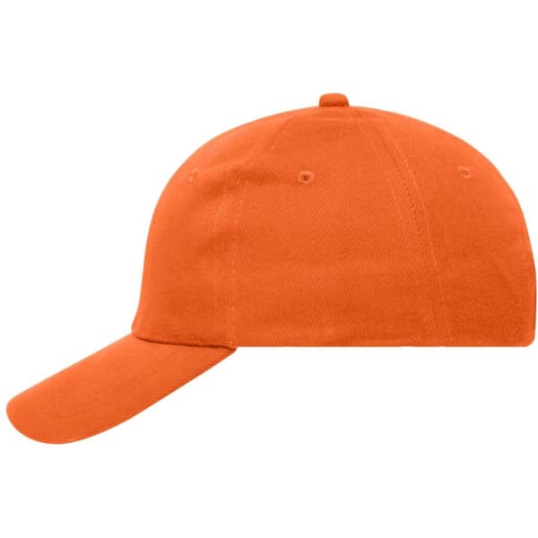 An orange 6-panel cap made of heavy cotton, featuring a curved brim and a logo.
