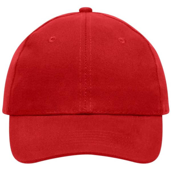 A bright red 6 panel cap made of heavy cotton, featuring a front panel and a logo.