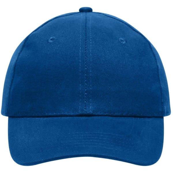 A heavy cotton blue 6-panel cap with a structured design and a logo on the front.