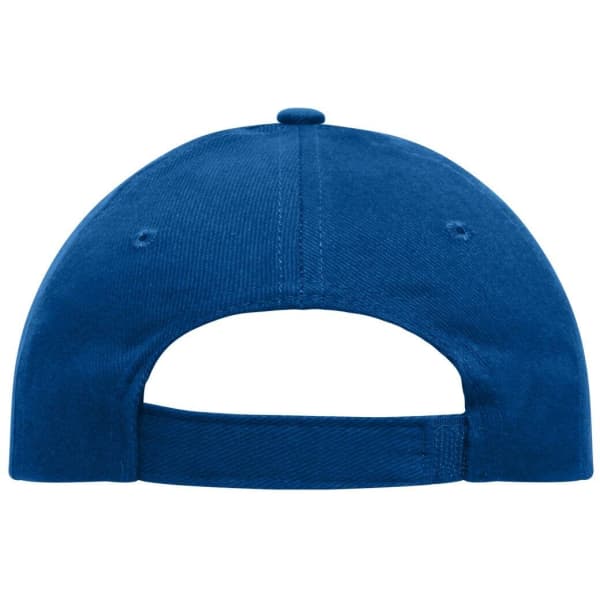 A blue six-panel cap made of heavy cotton, featuring an adjustable strap and a logo on the back.