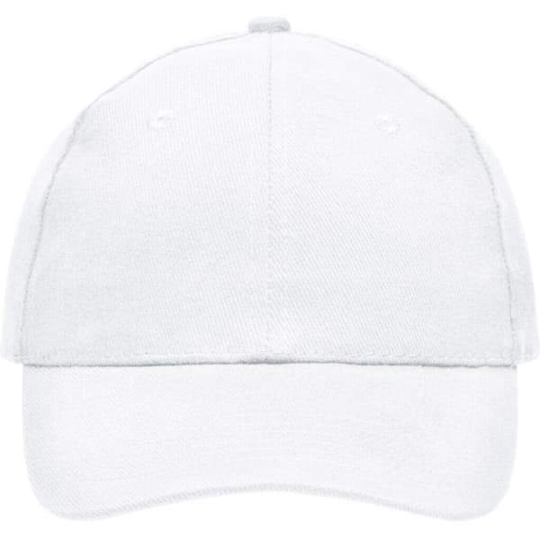 A white heavy cotton six-panel cap with a curved brim and a logo on the front.