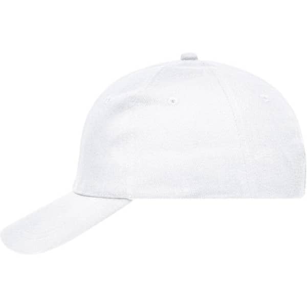 A white six-panel cap made of heavy cotton, featuring a curved brim and a logo.