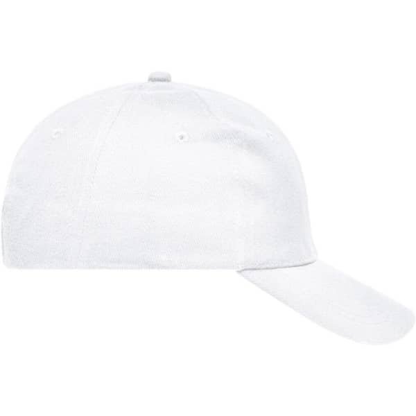 A white 6-panel cap with a curved brim and an inner sweatband, featuring a logo on the front.