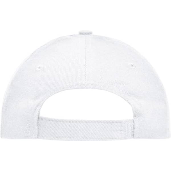A white six-panel cap made from heavy cotton, featuring an adjustable back strap. It has a logo on the back.