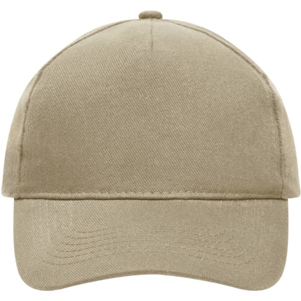 A beige five-panel cap made from heavy cotton, featuring a stitched visor and a logo on the front.