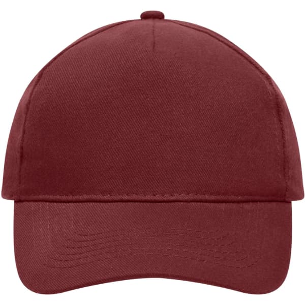 A heavy cotton 5-panel cap in a deep burgundy colour, featuring a branding logo.