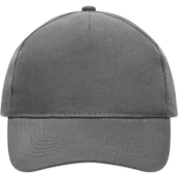 A grey 5 panel cap made of heavy cotton, featuring a rounded crown and a stitched brim. It has a logo on the front.