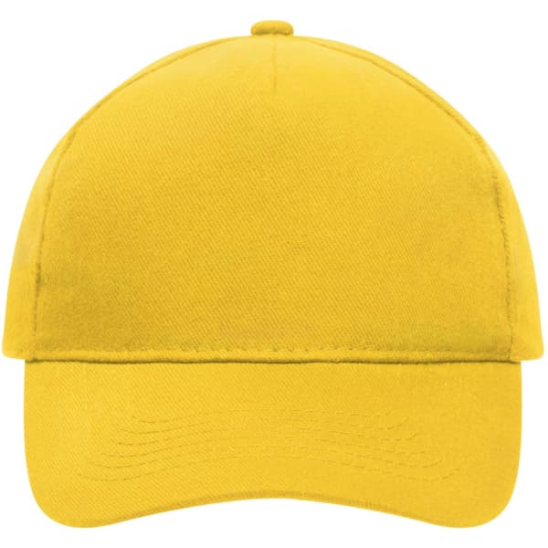 A yellow 5 panel cap made of heavy cotton, featuring a logo on the front.