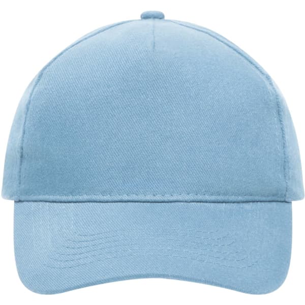 A light blue 5 panel cap made of heavy cotton, featuring a logo on the front.
