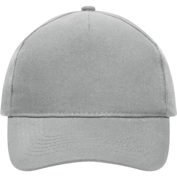 A grey 5 panel cap made of heavy cotton, featuring a curved peak and a logo on the front.