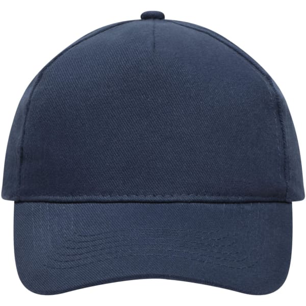 A navy blue 5-panel cap made of heavy cotton, featuring a logo on the front.