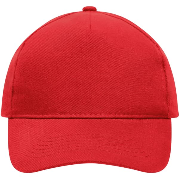 A red 5-panel cap made from heavy cotton, featuring a logo on the front. Ideal for casual wear.