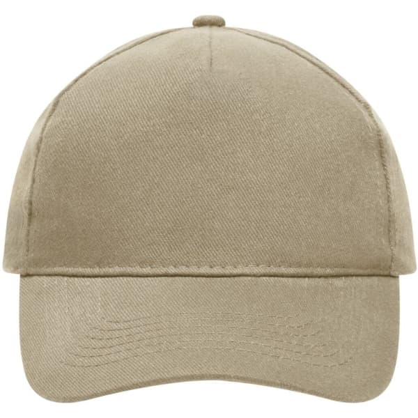 A heavy cotton 5-panel cap in a neutral beige colour, featuring a logo on the front.