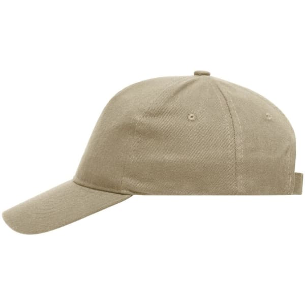 A beige heavy cotton 5 panel cap featuring a curved brim and a back strap, with a logo on the side.