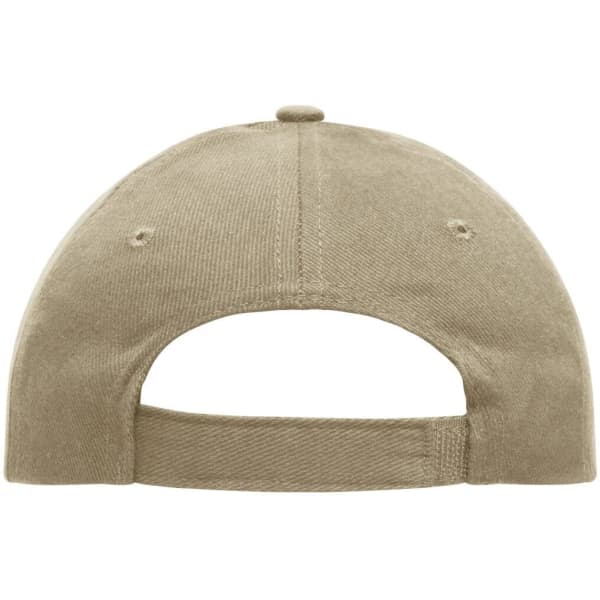 A heavy cotton, khaki 5-panel cap featuring a rear adjustable strap and a logo.