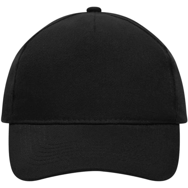 A black 5 panel cap made from heavy cotton, featuring a logo on the front.