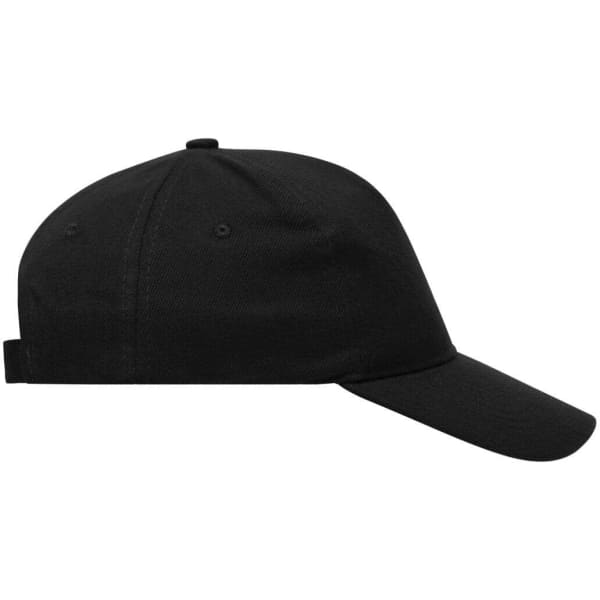 A black 5 panel cap made of heavy cotton, featuring a logo on the front and an adjustable strap at the back.