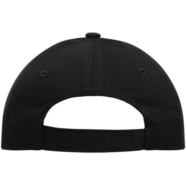 A black 5-panel cap made from heavy cotton, featuring a back strap for adjustable fit. It includes a logo.