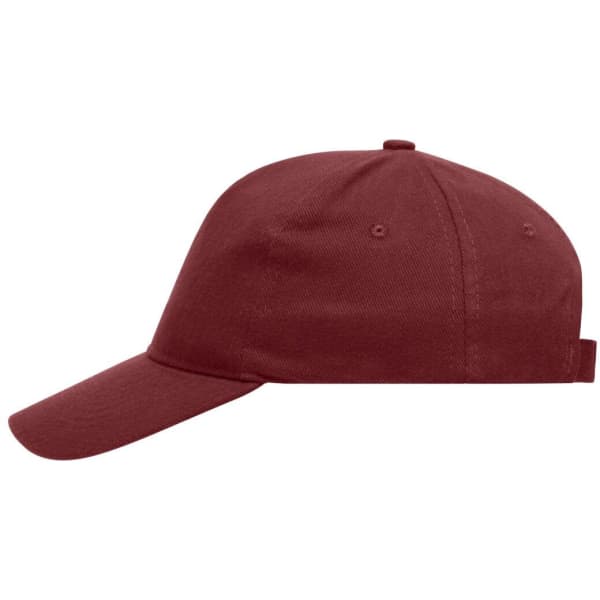 A maroon 5 panel cap made of heavy cotton, featuring a curved peak and an adjustable strap at the back.