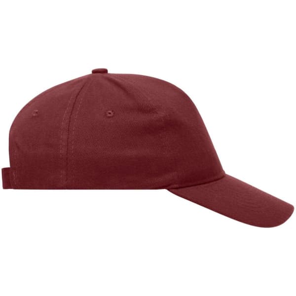 A maroon 5 panel cap made from heavy cotton, featuring a back strap and a logo.