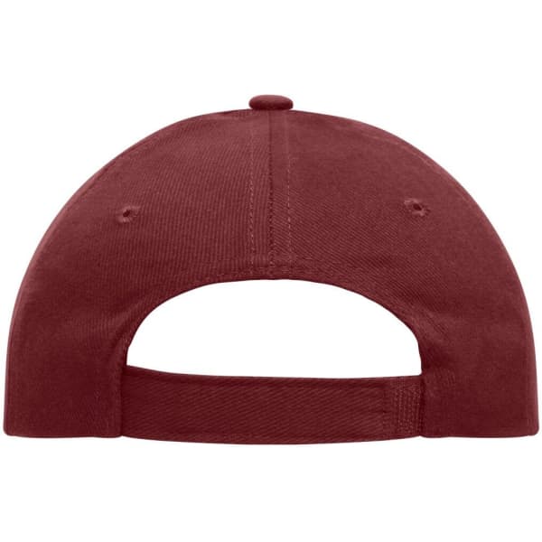 A heavy cotton, maroon 5-panel cap with a curved brim and adjustable back strap. Features a logo on the side.