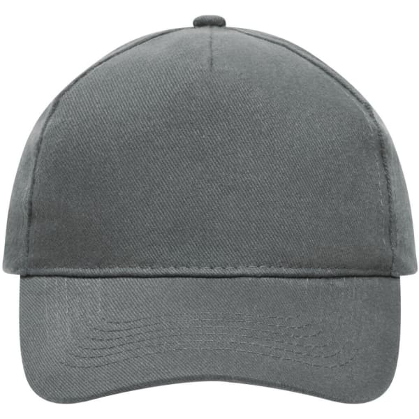 A grey heavy cotton 5 panel cap with a solid front and curved peak, featuring a logo on the side.