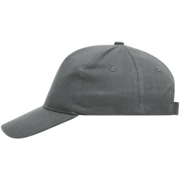 A grey 5 panel cap made of heavy cotton, featuring a structured design and a logo on the side.