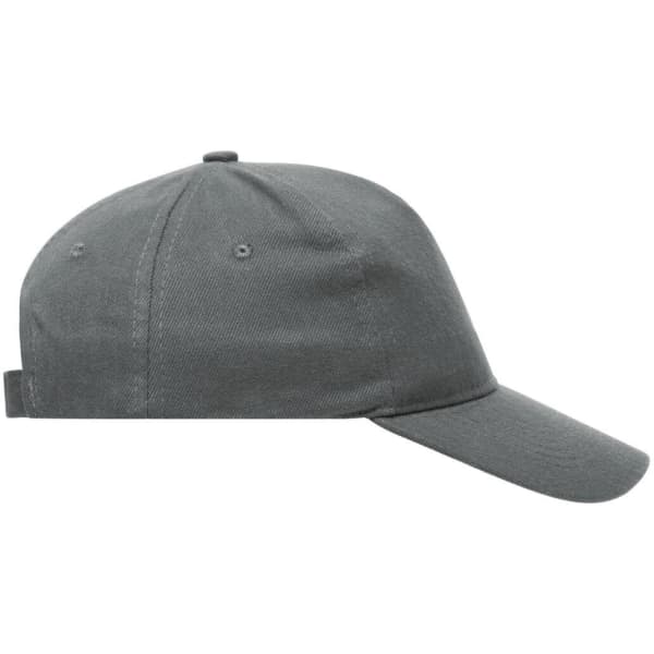 A grey 5-panel cap made of heavy cotton, featuring a back strap and a logo.