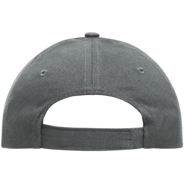 A grey 5 panel cap made of heavy cotton, featuring an adjustable strap and a logo on the back.
