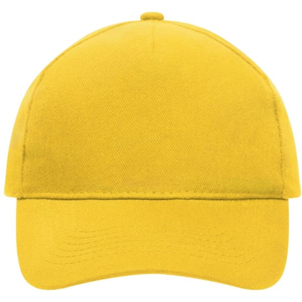 A yellow 5-panel cap made of heavy cotton, featuring a structured front panel and a curved brim.