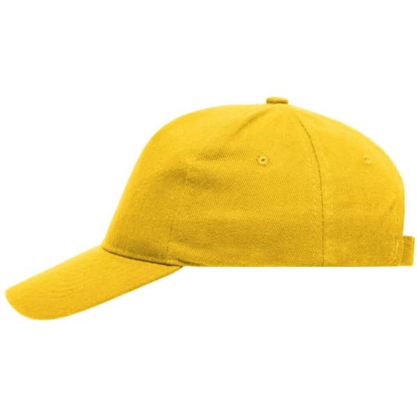 A yellow 5-panel cap made of heavy cotton, featuring a rounded crown and a curved brim. It has a logo on the side.