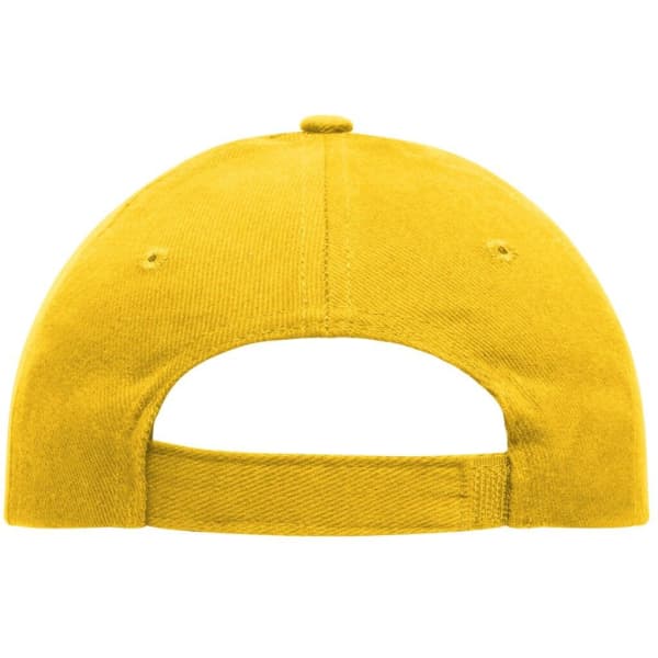 A yellow 5 panel cap made from heavy cotton, featuring an adjustable back strap and a logo.