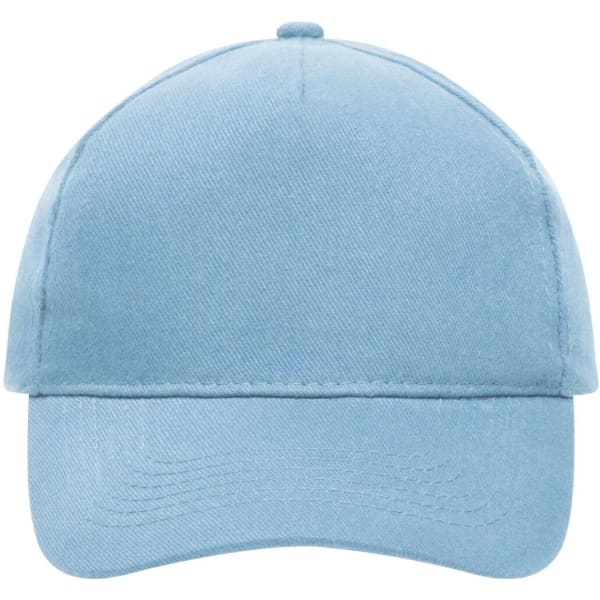 A light blue, heavy cotton five-panel cap featuring a plain design and a logo on the front.