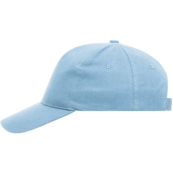A light blue 5 panel cap made of heavy cotton, featuring a curved brim and an adjustable strap.
