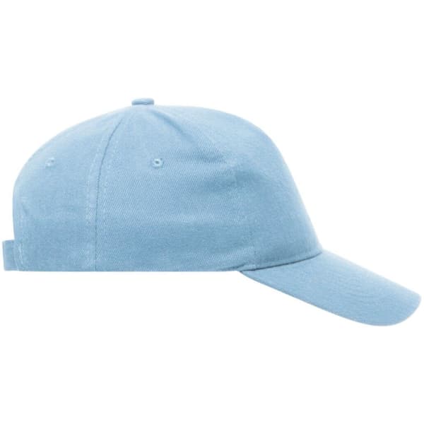 A light blue 5-panel cap with a curved brim and an adjustable strap at the back, featuring a logo.