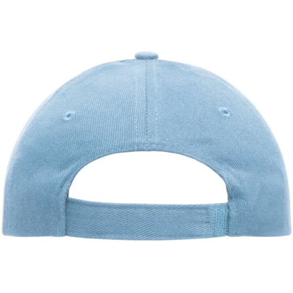A blue heavy cotton five-panel cap featuring an adjustable strap at the back and a logo.