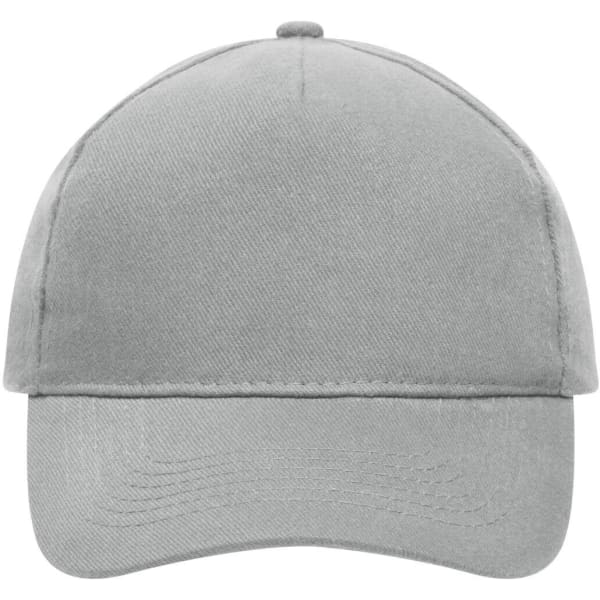 A grey 5 panel cap made of heavy cotton, featuring a branding logo on the front.