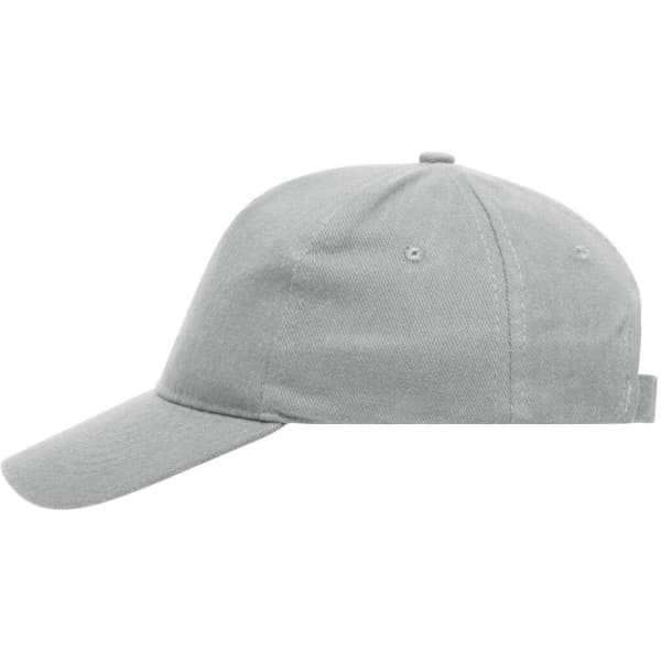 A grey heavy cotton cap with a curved brim and an adjustable strap at the back, featuring a logo.