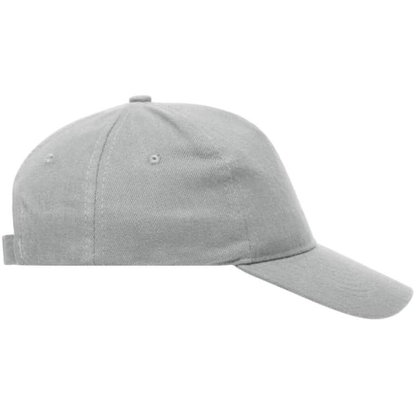 A grey 5 panel cap made of heavy cotton, featuring a curved brim and an adjustable strap at the back.