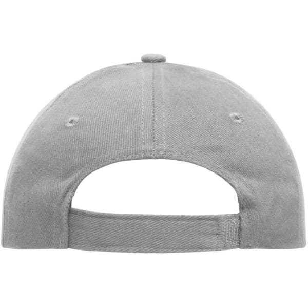 A grey heavy cotton 5 panel cap featuring a back strap adjustment and a button on top. It has a logo.
