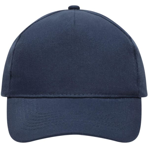 A navy blue 5 panel cap made from heavy cotton, featuring a curved brim and a logo on the front.