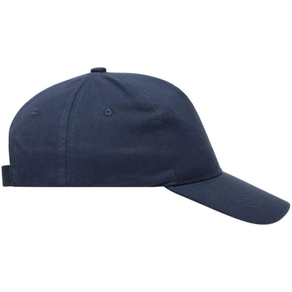 A navy blue 5 panel cap made of heavy cotton, featuring a curved brim and an adjustable strap at the back.